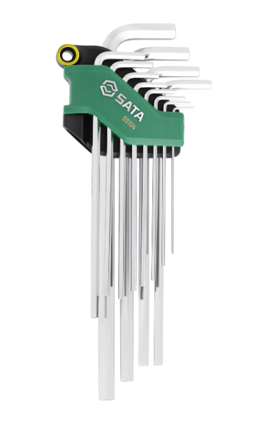 SATA 09104 12-piece extra long hex key set, SAE 1/16"-3/8". S2 steel with fully polished chrome finish.