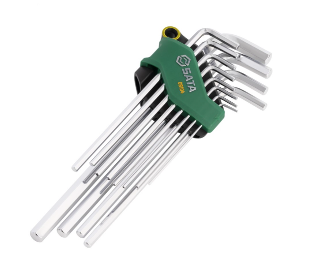 SATA 09104 12-piece extra long hex key set, SAE 1/16"-3/8". S2 steel with fully polished chrome finish.