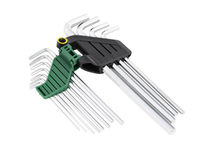 SATA 09104 12-piece extra long hex key set, SAE 1/16"-3/8". S2 steel with fully polished chrome finish.