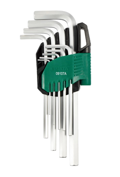 SATA 09107A 9-piece long arm hex key set, metric 1.5-10mm, Cr-V steel with mist chrome finish for durability.