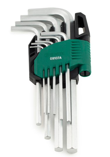 SATA 09107A 9-piece long arm hex key set, metric 1.5-10mm, Cr-V steel with mist chrome finish for durability.