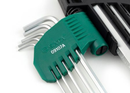 SATA 09107A 9-piece long arm hex key set, metric 1.5-10mm, Cr-V steel with mist chrome finish for durability.