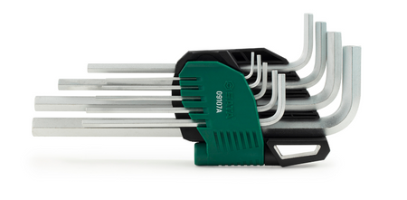 SATA 09107A 9-piece long arm hex key set, metric 1.5-10mm, Cr-V steel with mist chrome finish for durability.