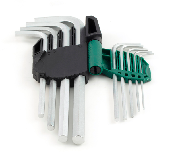 SATA 09107A 9-piece long arm hex key set, metric 1.5-10mm, Cr-V steel with mist chrome finish for durability.