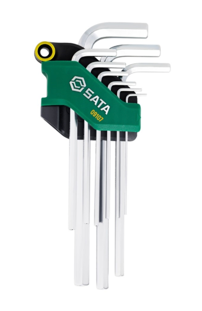 SATA 09107 9-piece long arm hex key set, metric 1.5-10mm. SVCM+ steel for higher torque, fully polished chrome finish.