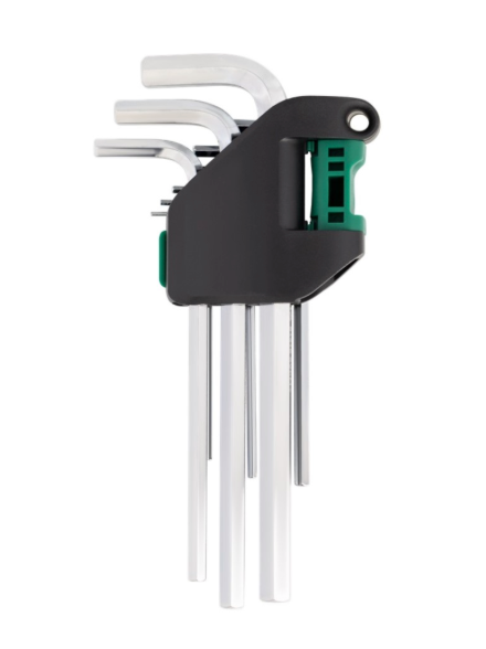 SATA 09107 9-piece long arm hex key set, metric 1.5-10mm. SVCM+ steel for higher torque, fully polished chrome finish.