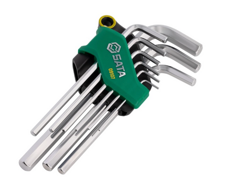 SATA 09107 9-piece long arm hex key set, metric 1.5-10mm. SVCM+ steel for higher torque, fully polished chrome finish.
