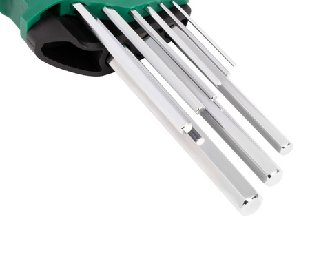 SATA 09107 9-piece long arm hex key set, metric 1.5-10mm. SVCM+ steel for higher torque, fully polished chrome finish.
