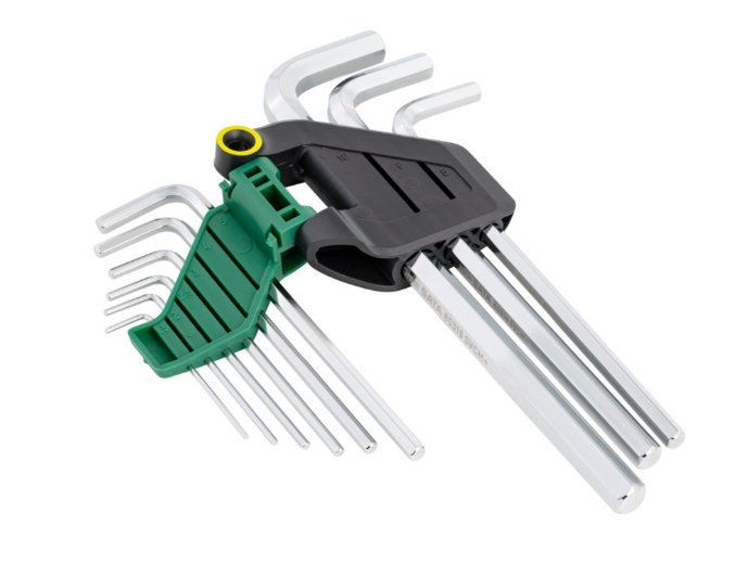 SATA 09107 9-piece long arm hex key set, metric 1.5-10mm. SVCM+ steel for higher torque, fully polished chrome finish.