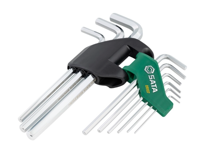 SATA 09107 9-piece long arm hex key set, metric 1.5-10mm. SVCM+ steel for higher torque, fully polished chrome finish.