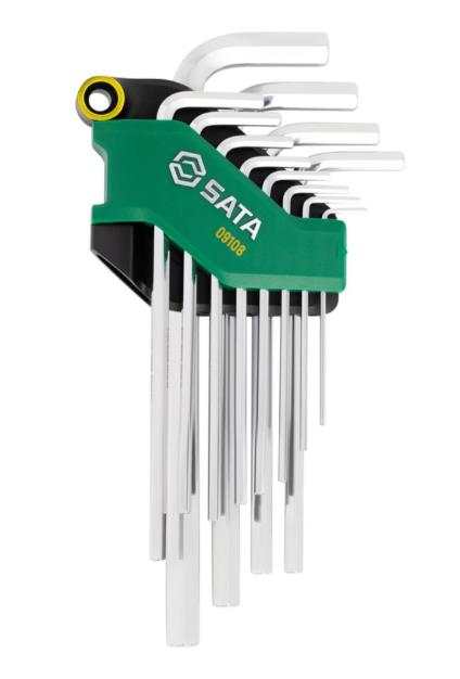 SATA 09108 12-piece long arm hex key set, SAE 1/16"-3/8". S2 steel with fully polished chrome finish.