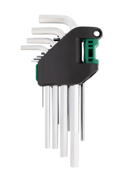 SATA 09108 12-piece long arm hex key set, SAE 1/16"-3/8". S2 steel with fully polished chrome finish.