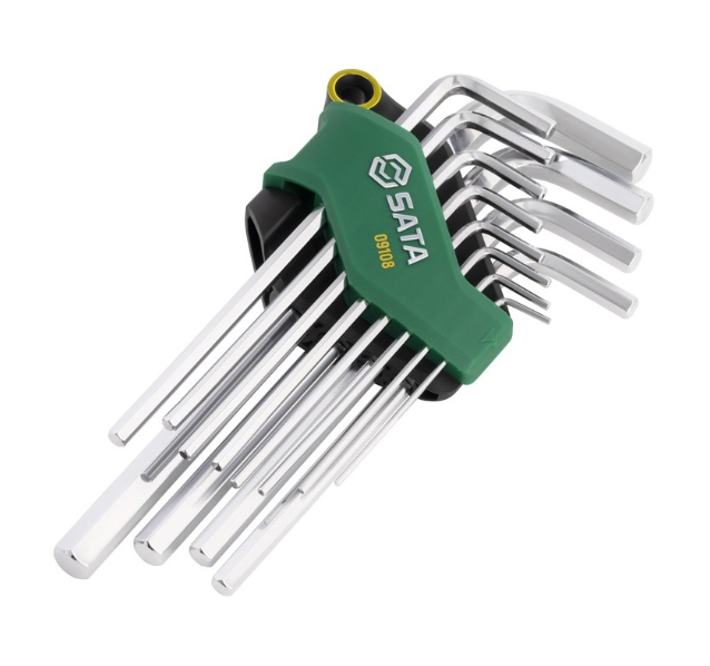 SATA 09108 12-piece long arm hex key set, SAE 1/16"-3/8". S2 steel with fully polished chrome finish.