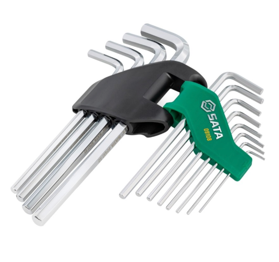 SATA 09108 12-piece long arm hex key set, SAE 1/16"-3/8". S2 steel with fully polished chrome finish.