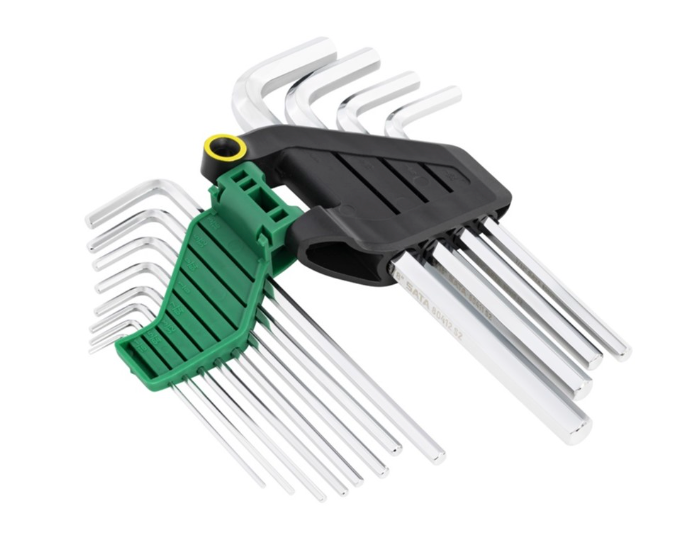 SATA 09108 12-piece long arm hex key set, SAE 1/16"-3/8". S2 steel with fully polished chrome finish.