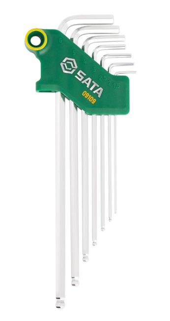 SATA 09109 7-piece extra long ball point hex key set, metric 1.5-6mm. SVCM+ steel for higher torque, chrome finish.