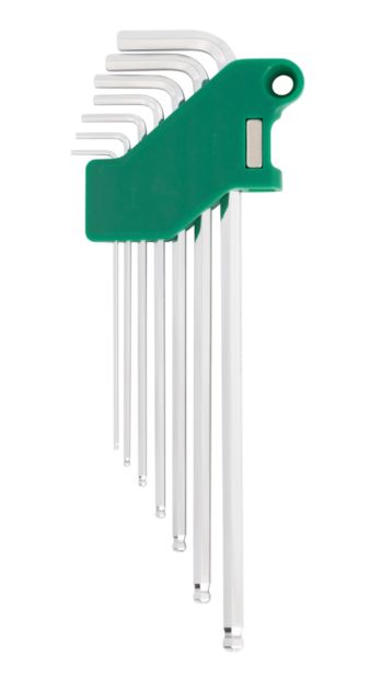 SATA 09109 7-piece extra long ball point hex key set, metric 1.5-6mm. SVCM+ steel for higher torque, chrome finish.