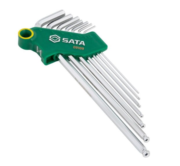 SATA 09109 7-piece extra long ball point hex key set, metric 1.5-6mm. SVCM+ steel for higher torque, chrome finish.