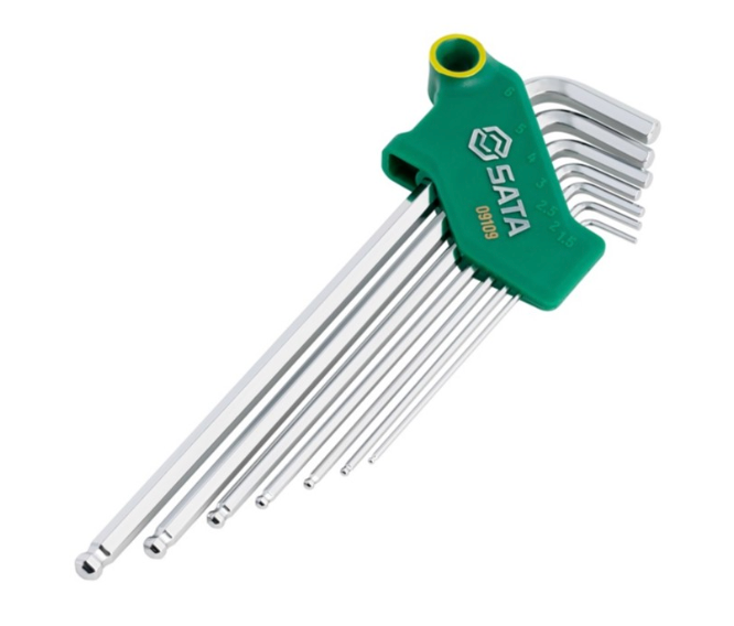 SATA 09109 7-piece extra long ball point hex key set, metric 1.5-6mm. SVCM+ steel for higher torque, chrome finish.