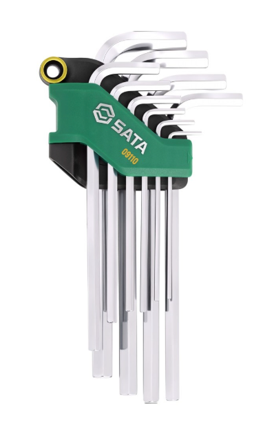 SATA 09110 10-piece long arm hex key set, metric 2-10mm. SVCM+ steel for higher torque, fully polished chrome finish.