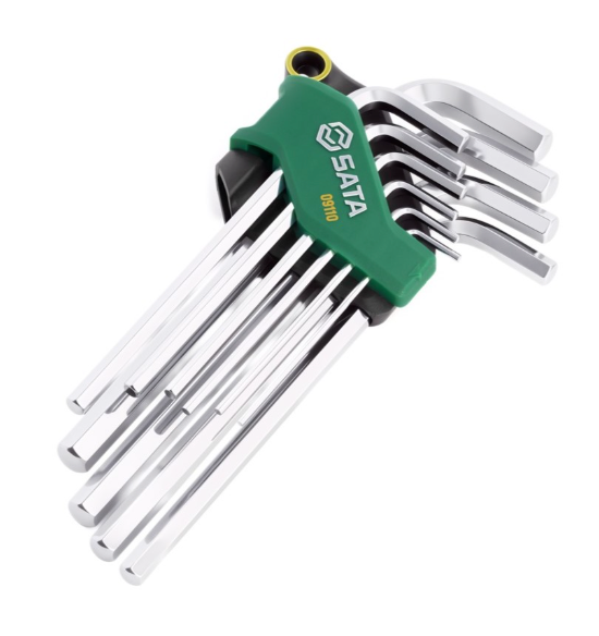 SATA 09110 10-piece long arm hex key set, metric 2-10mm. SVCM+ steel for higher torque, fully polished chrome finish.