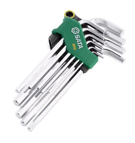 SATA 09110 10-piece long arm hex key set, metric 2-10mm. SVCM+ steel for higher torque, fully polished chrome finish.