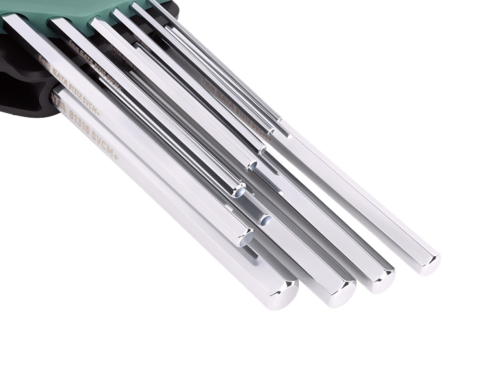 SATA 09110 10-piece long arm hex key set, metric 2-10mm. SVCM+ steel for higher torque, fully polished chrome finish.