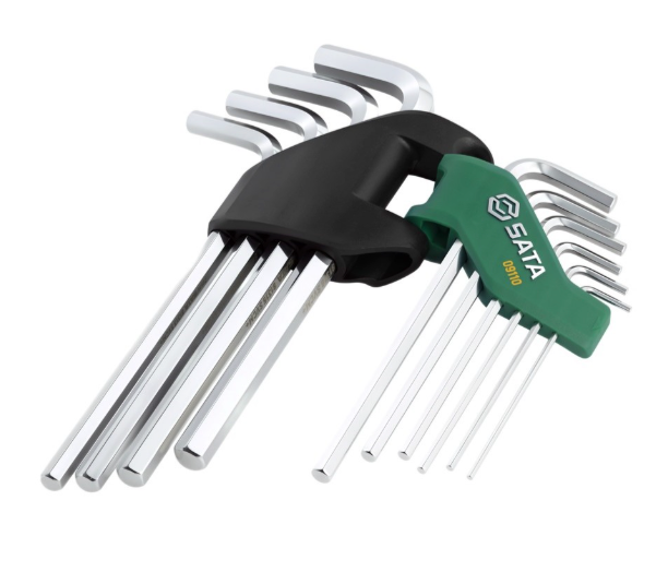 SATA 09110 10-piece long arm hex key set, metric 2-10mm. SVCM+ steel for higher torque, fully polished chrome finish.