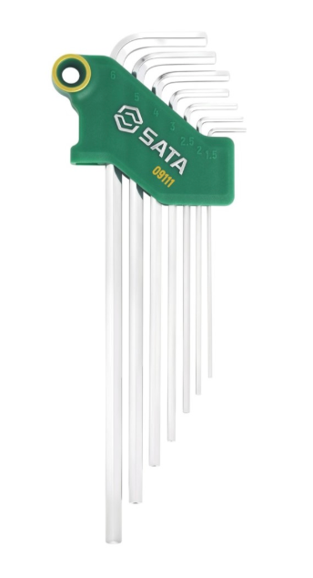 SATA 09111 7-piece extra long hex key set, metric 1.5-6mm. SVCM+ steel for higher torque, fully polished chrome finish.