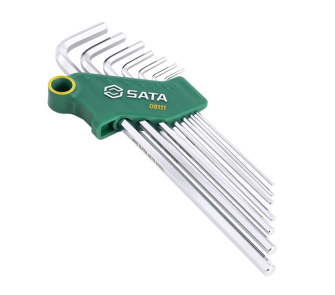 SATA 09111 7-piece extra long hex key set, metric 1.5-6mm. SVCM+ steel for higher torque, fully polished chrome finish.