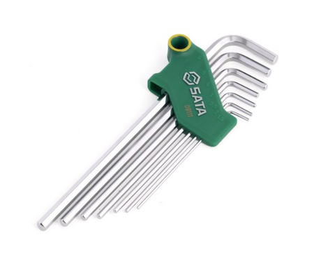 SATA 09111 7-piece extra long hex key set, metric 1.5-6mm. SVCM+ steel for higher torque, fully polished chrome finish.