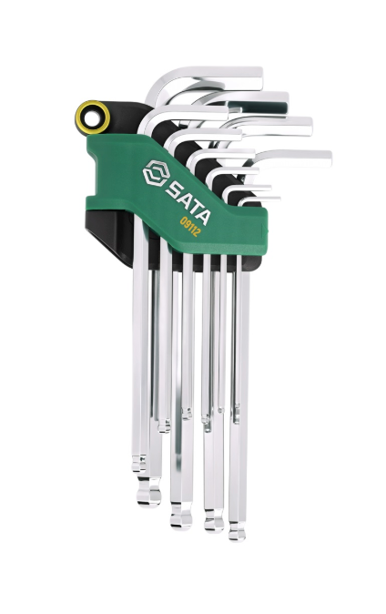 SATA 09112 10-piece long arm ball point hex key set, metric 2-10mm. SVCM+ steel for higher torque, chrome finish.