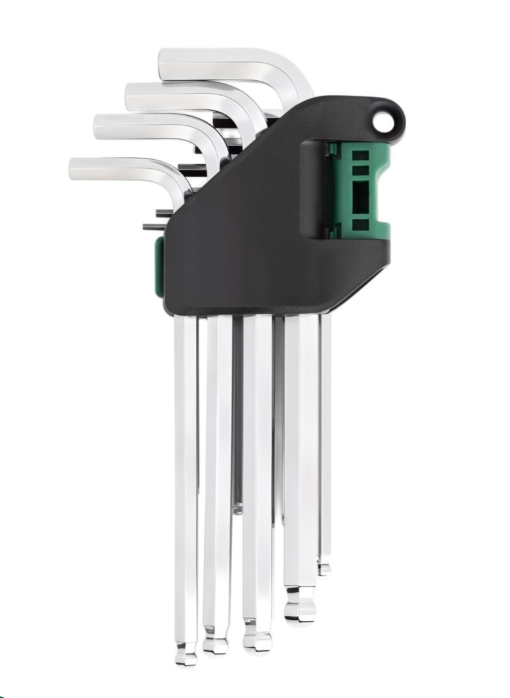 SATA 09112 10-piece long arm ball point hex key set, metric 2-10mm. SVCM+ steel for higher torque, chrome finish.