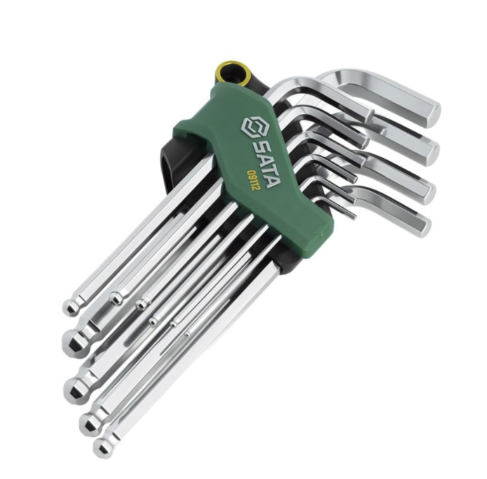 SATA 09112 10-piece long arm ball point hex key set, metric 2-10mm. SVCM+ steel for higher torque, chrome finish.