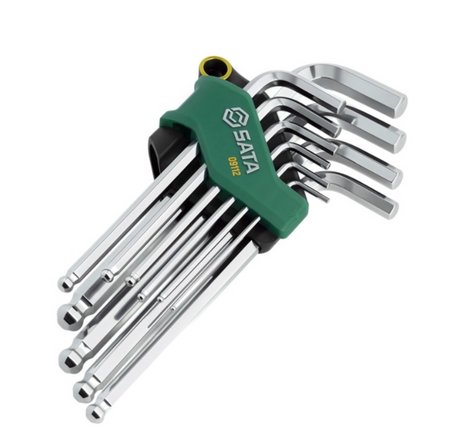 SATA 09112 10-piece long arm ball point hex key set, metric 2-10mm. SVCM+ steel for higher torque, chrome finish.