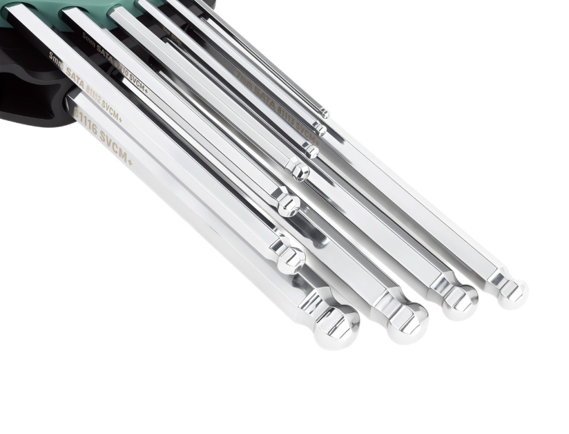SATA 09112 10-piece long arm ball point hex key set, metric 2-10mm. SVCM+ steel for higher torque, chrome finish.