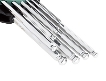 SATA 09112 10-piece long arm ball point hex key set, metric 2-10mm. SVCM+ steel for higher torque, chrome finish.