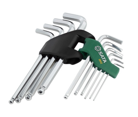 SATA 09112 10-piece long arm ball point hex key set, metric 2-10mm. SVCM+ steel for higher torque, chrome finish.