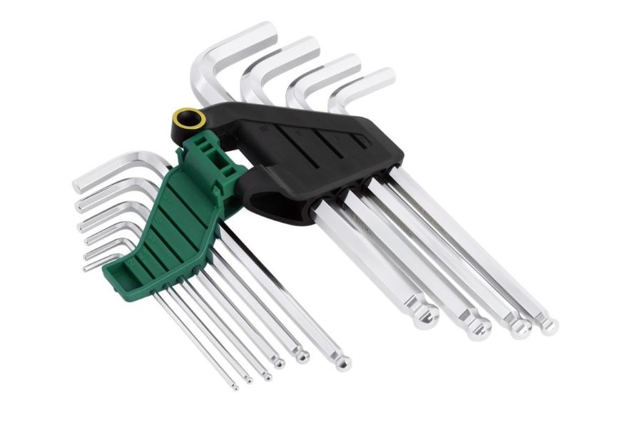 SATA 09112 10-piece long arm ball point hex key set, metric 2-10mm. SVCM+ steel for higher torque, chrome finish.