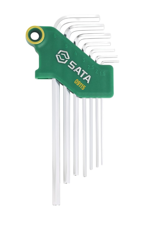 SATA 09115 7-piece long arm hex key set, metric 1.5-6mm. SVCM+ steel for higher torque, fully polished chrome finish.