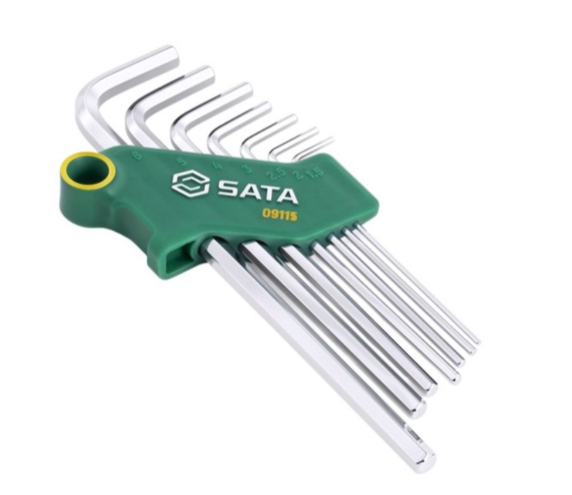 SATA 09115 7-piece long arm hex key set, metric 1.5-6mm. SVCM+ steel for higher torque, fully polished chrome finish.