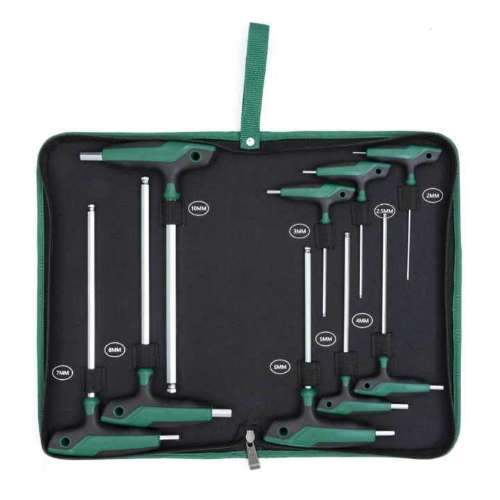 SATA 09117 9-piece T-handle ball point hex key set, metric 2-10mm. SVCM+ steel, ergonomic handle, mirror polished finish.