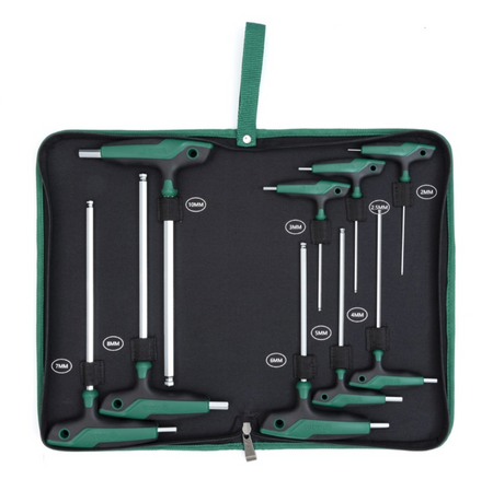 SATA 09117 9-piece T-handle ball point hex key set, metric 2-10mm. SVCM+ steel, ergonomic handle, mirror polished finish.
