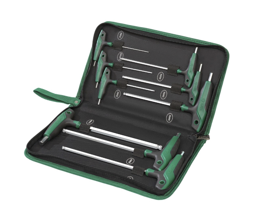 SATA 09117 9-piece T-handle ball point hex key set, metric 2-10mm. SVCM+ steel, ergonomic handle, mirror polished finish.