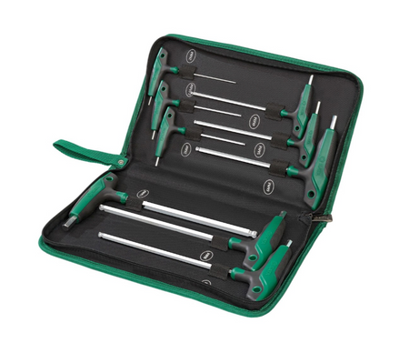 SATA 09117 9-piece T-handle ball point hex key set, metric 2-10mm. SVCM+ steel, ergonomic handle, mirror polished finish.