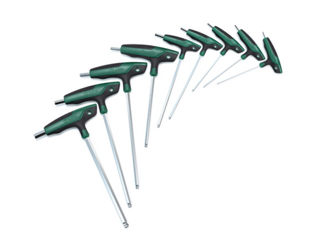 SATA 09117 9-piece T-handle ball point hex key set, metric 2-10mm. SVCM+ steel, ergonomic handle, mirror polished finish.