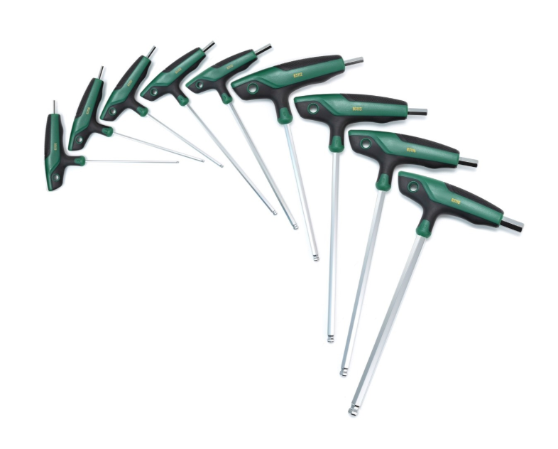 SATA 09117 9-piece T-handle ball point hex key set, metric 2-10mm. SVCM+ steel, ergonomic handle, mirror polished finish.