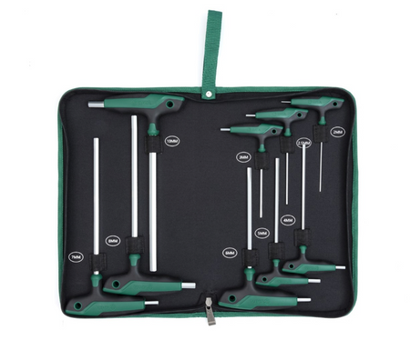 SATA 09118 9-piece T-handle hex key set, metric 2-10mm. SVCM+ steel, ergonomic dual-grip handle, mirror polished finish.