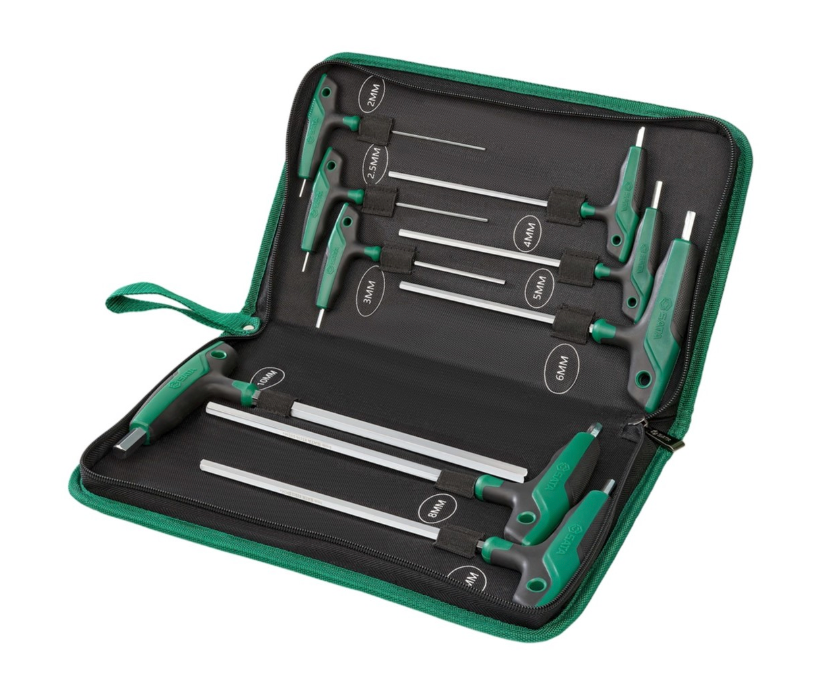 SATA 09118 9-piece T-handle hex key set, metric 2-10mm. SVCM+ steel, ergonomic dual-grip handle, mirror polished finish.