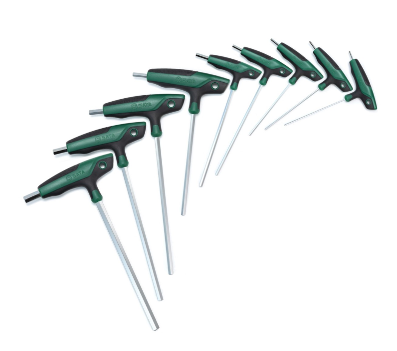 SATA 09118 9-piece T-handle hex key set, metric 2-10mm. SVCM+ steel, ergonomic dual-grip handle, mirror polished finish.